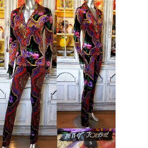 Vintage Betsey Johnson Black Floral Leopard Stretch Velvet Dress Pants Top Set S
